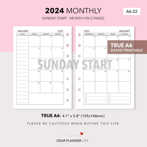 2024 Month on 2 Pages (A6 Rings) Sunday Start, Printable PDF : A6-22