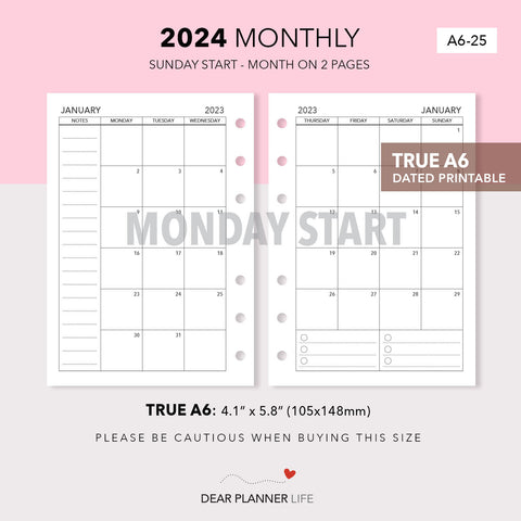 2024 Month on 2 Pages (A6 Rings) MONDAY Start, Printable PDF : A6-25