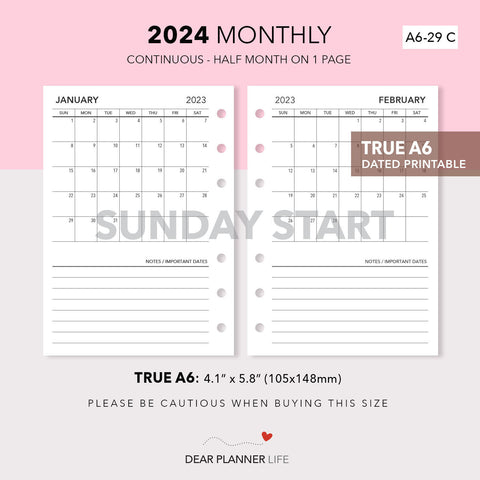 2024 Continuous Month on 1 Page (A6 Rings) SUNDAY Start, Printable PDF : A6-29 C