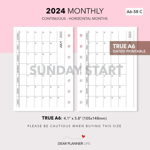 2024 Horizontal Month on 1 Page (A6 Rings) SUNDAY Start, Printable PDF : A6-58 C