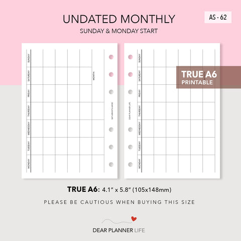 Undated Horizontal Monthly (A6 Rings) Printable PDF : AS-62