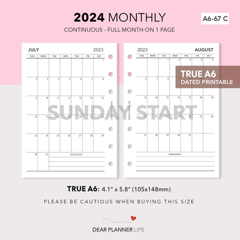 2024 Vertical Month on 1 Page (A6 Rings) SUNDAY Start, Printable PDF : A6-67 C