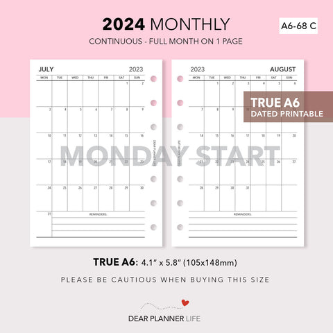 2024 Vertical Month on 1 Page (A6 Rings) MONDAY Start, Printable PDF : A6-68 C