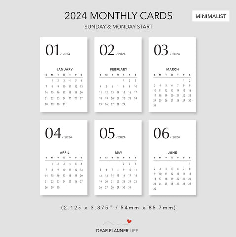 2024 Calendar Cards - Minimalist Style - Printable PDF - PJ01