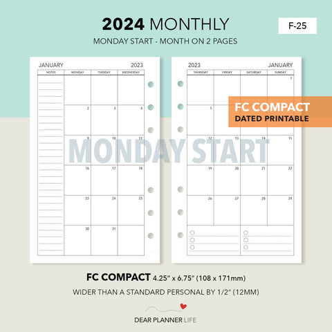 2024 Month On 2 Pages, MONDAY Start (FC Compact) Printable PDF : F-25