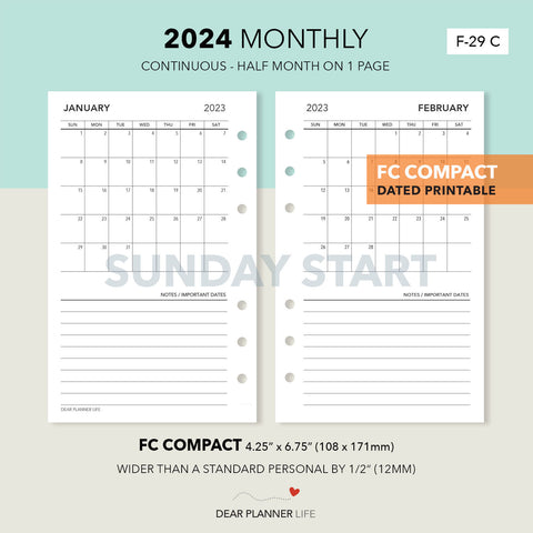 2024 Continuous Month On 1 Page, SUNDAY Start (FC Compact Size) Printable PDF : F-29 C