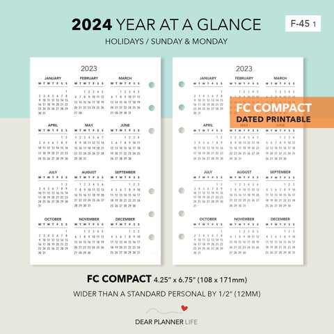 2024 Year on 1 Page with Holidays (FC Compact) Monday & Sunday Start, Printable PDF : F-45 1