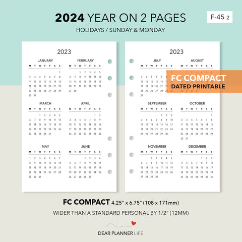 2024 Year on 2 Pages (FC Compact) Monday & Sunday Start, Printable PDF : F-45 2