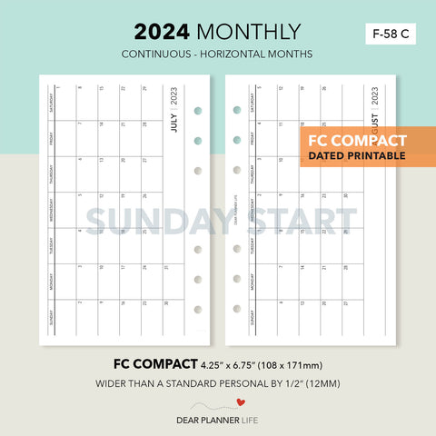 2024 Horizontal Month On 1 Page, SUNDAY Start (FC Compact Size) Printable PDF : F-58 C