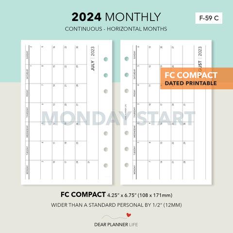 2024 Horizontal Month On 1 Page, MONDAY Start (FC Compact Size) Printable PDF : F-59 C