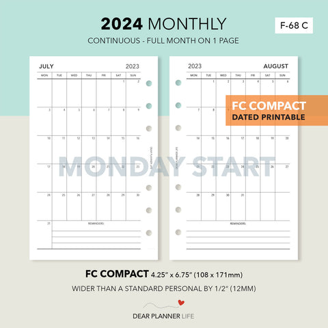 2024 Vertical Month On 1 Page, MONDAY Start (FC Compact Size) Printable PDF : F-68 C