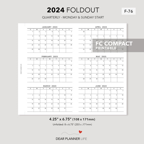 2024 Quarterly Foldout - Monday & Sunday (FC Compact Size) Printable PDF : F-76