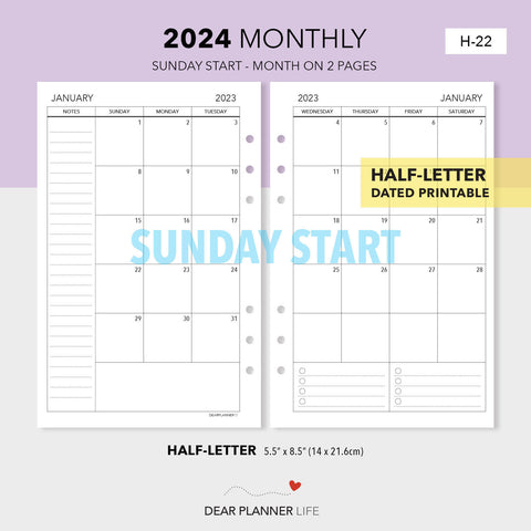 2024 Monthly Calendar (Half-Letter) Sunday Start Printable PDF : H-22
