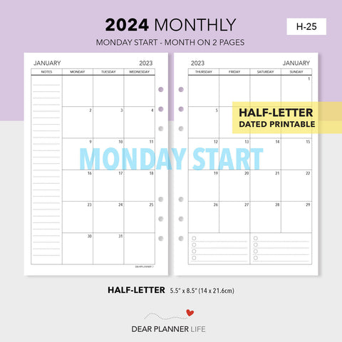 2024 Monthly Calendar (Half-Letter) MONDAY Start Printable PDF : H-25