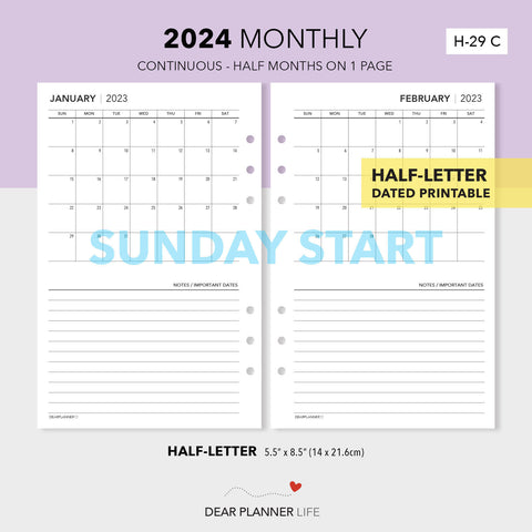 2024 Continuous Month on 1 Page (Half-Letter) SUNDAY Start Printable PDF : H-29 C