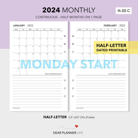 2024 Continuous Month on 1 Page (Half-Letter) MONDAY Start Printable PDF : H-30 C