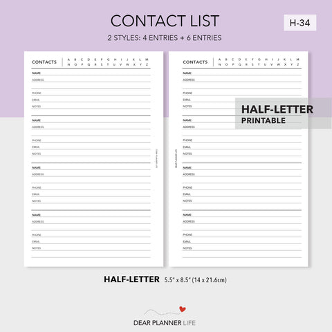 Contact List (Half-Letter) Printable PDF : H-34