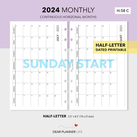 2024 Horizontal Month on 1 Page (Half-Letter) SUNDAY Start Printable PDF : H-58 C