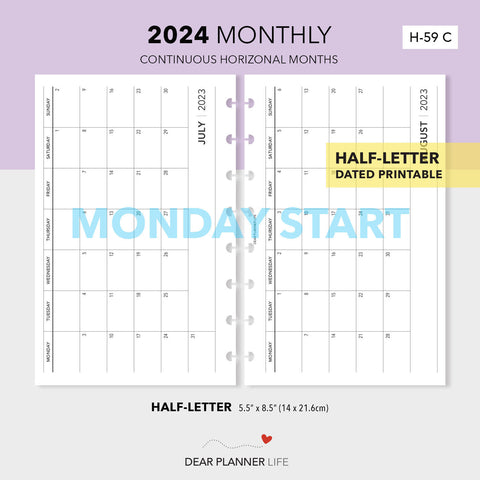 2024 Horizontal Month on 1 Page (Half-Letter) MONDAY Start Printable PDF : H-59 C