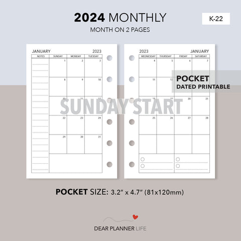 2024 Month on 2 Pages (Pocket Size) SUNDAY Start, Printable PDF : K-22