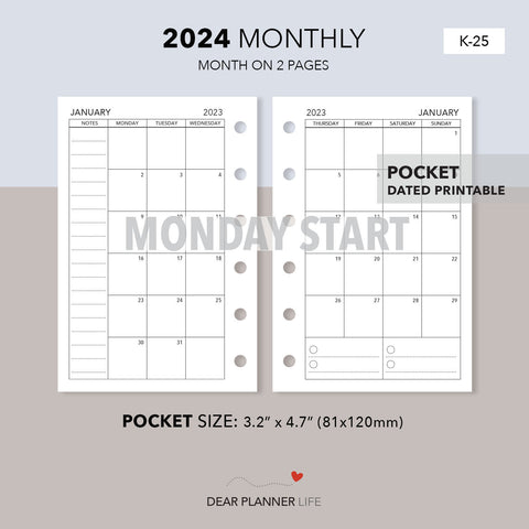 2024 Month on 2 Pages (Pocket Size) MONDAY Start, Printable PDF : K-25
