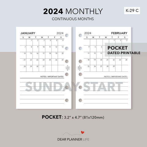 2024 Month on 1 Page (Pocket Size) SUNDAY Start, Printable PDF : K-29 C