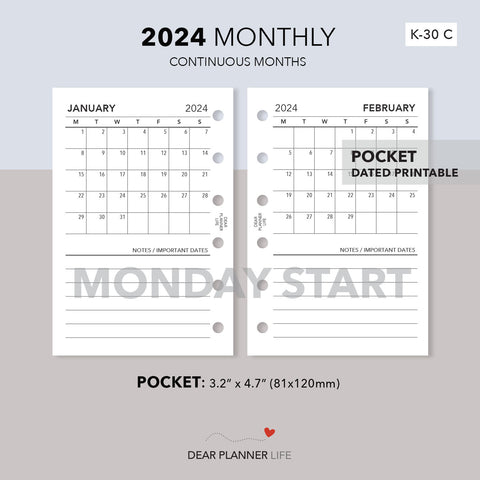 2024 Month on 1 Page (Pocket Size) MONDAY Start, Printable PDF : K-30 C