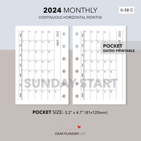 2024 Horizontal Month on 1 Page (Pocket Size) SUNDAY Start, Printable PDF : K-58 C