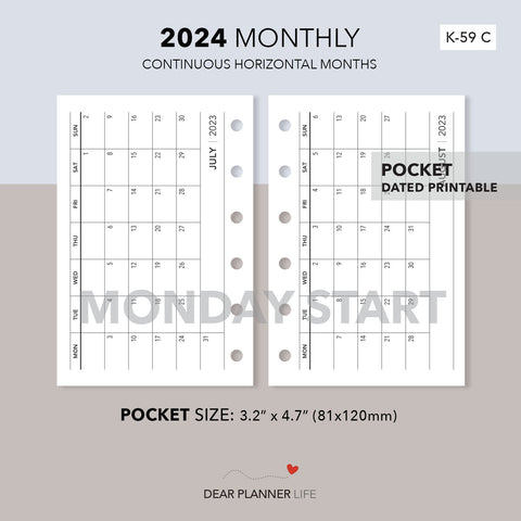 2024 Horizontal Month on 1 Page (Pocket Size) MONDAY Start, Printable PDF : K-59 C