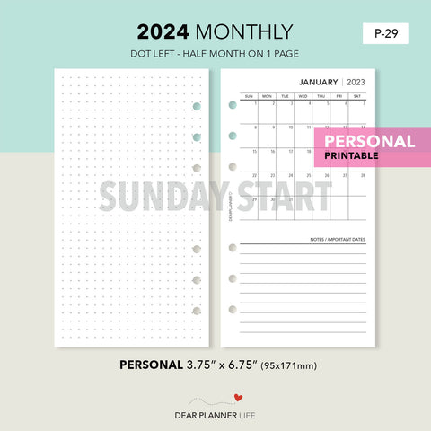 2024 Personal Size : Sunday Start Month On 1 Page Printable PDF : P-29