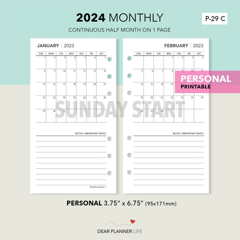 2024 Personal Size : Sunday Start Continuous Months, Printable PDF : P-29 C