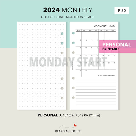 2024 Personal Size : MONDAY Start Month On 1 Page Printable PDF : P-30