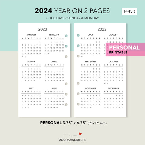 2024 Year on 2 Pages - Sunday & Monday Start (Personal Size) Printable PDF : P-45 2