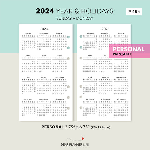2024 Year on 1 Page with Holidays - Monday & Sunday Start (Personal Size) Printable PDF : P-45 1