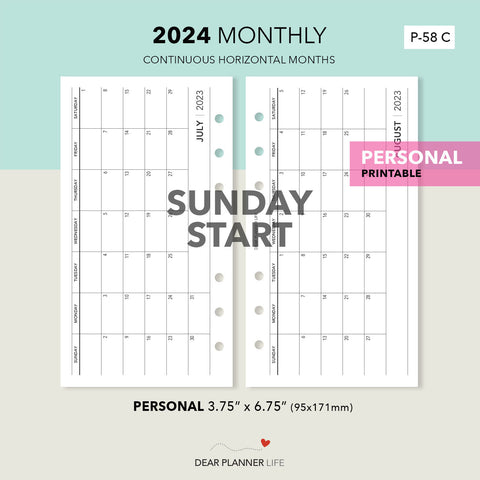 2024 Horizontal Monthly - SUNDAY Start (Personal Size) Printable PDF : P-58 C