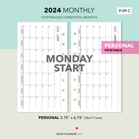 2024 Horizontal Monthly - MONDAY Start (Personal Size) Printable PDF : P-59 C