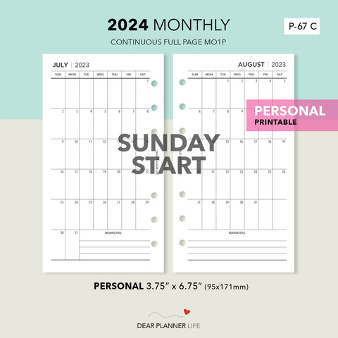 2024 Vertical Monthly - SUNDAY Start (Personal Size) Printable PDF : P-67 C