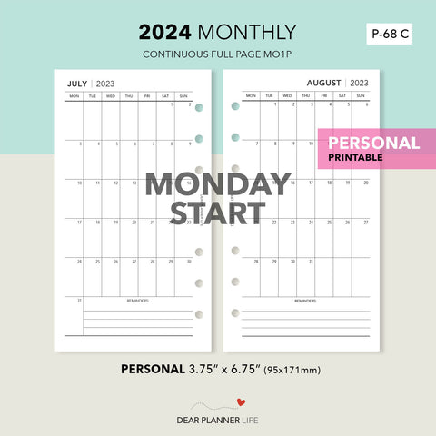 2024 Vertical Monthly - MONDAY Start (Personal Size) Printable PDF : P-68 C