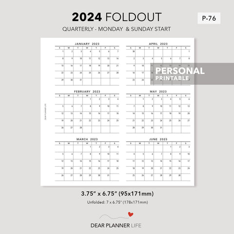 2024 Quarterly Foldout - Monday & Sunday (Personal Size) Printable PDF : P-76