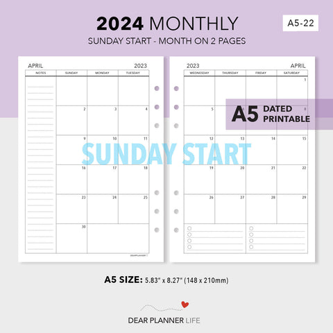 2024 A5 Size Calendar - Month on 2 Pages (SUNDAY Start) Printable PDF : A5-22