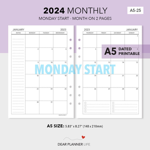 2024 A5 Size Calendar - Month on 2 Pages (Monday Start) Printable PDF : A5-25