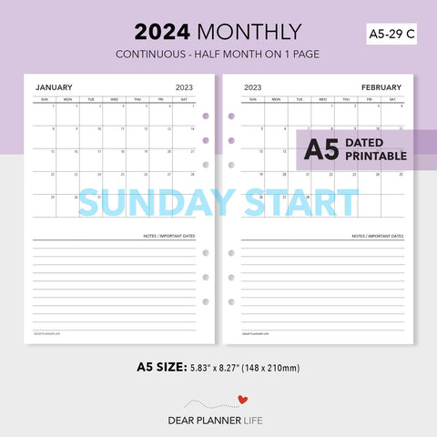 2024 Continuous Month On 1 Page, SUNDAY Start (A5 Size) Printable PDF : A5-29 C