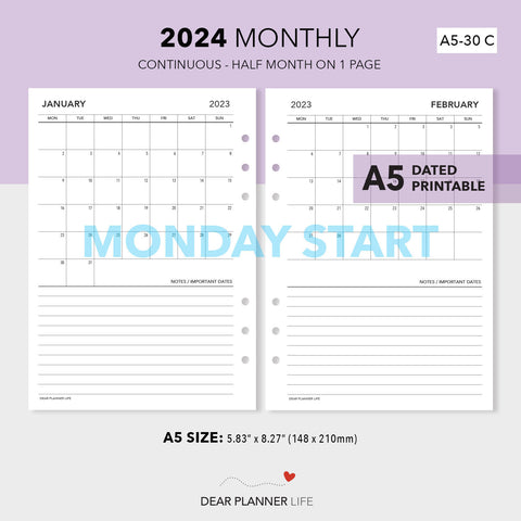 2024 Continuous Month On 1 Page, MONDAY Start (A5 Size) Printable PDF : A5-30 C