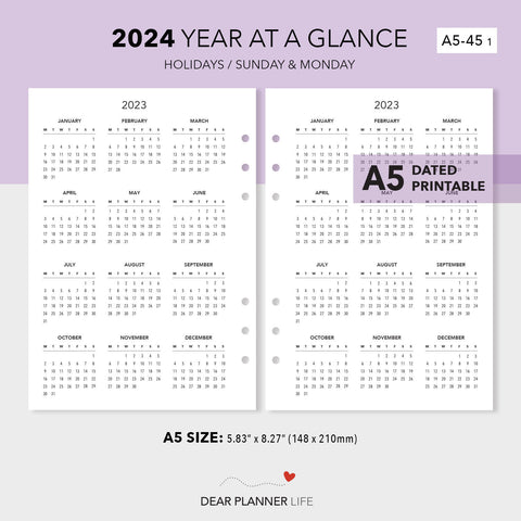 2024 Year on 1 Page with Holidays, Monday & Sunday Start (A5 size) Printable PDF : A5-45 1
