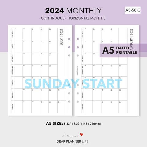 2024 Horizontal Month On 1 Page, SUNDAY Start (A5 Size) Printable PDF : A5-58 C