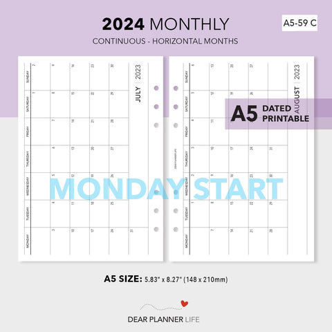2024 Horizontal Month On 1 Page, MONDAY Start (A5 Size) Printable PDF : A5-59 C