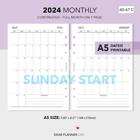 2024 Vertical Month On 1 Page, SUNDAY Start (A5 Size) Printable PDF : A5-67 C