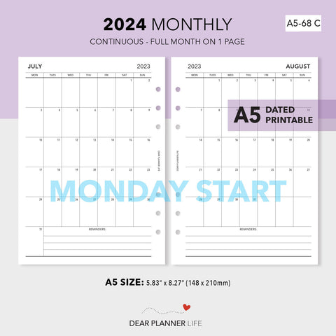 2024 Vertical Month On 1 Page, MONDAY Start (A5 Size) Printable PDF : A5-68 C