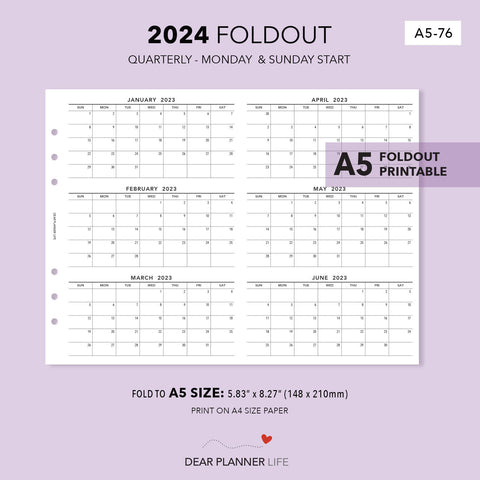 2024 Quarterly Foldout - Monday & Sunday Start (A5 Size) Printable PDF : A5-76