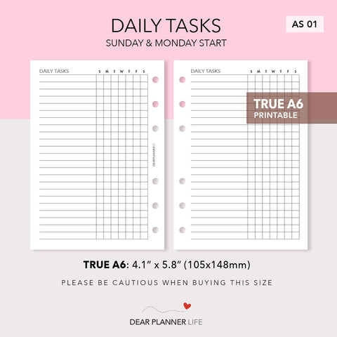 Daily Tasks Page (A6 Rings) Printable PDF : AS-01